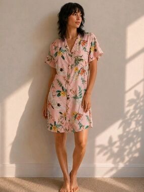 Pink Floral Shirtdress Shift Green Swan Print Summer Graphic Twee Size Small